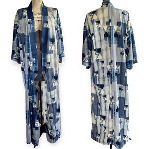 VTG 70s/80s Blue White Kimono Robe Novelty Print